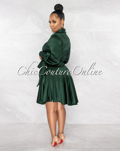 *Eloyda Hunter Green Wrap High Low Ruffle Dress