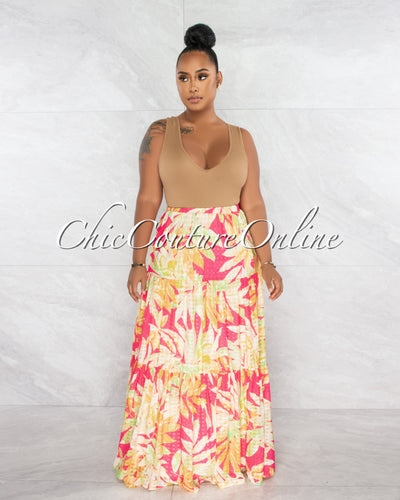 *Mermada Coral Yellow Leaf Print Maxi Skirt