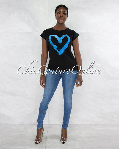 Farry Black Blue Front Graphic Rhinestones T-Shirt