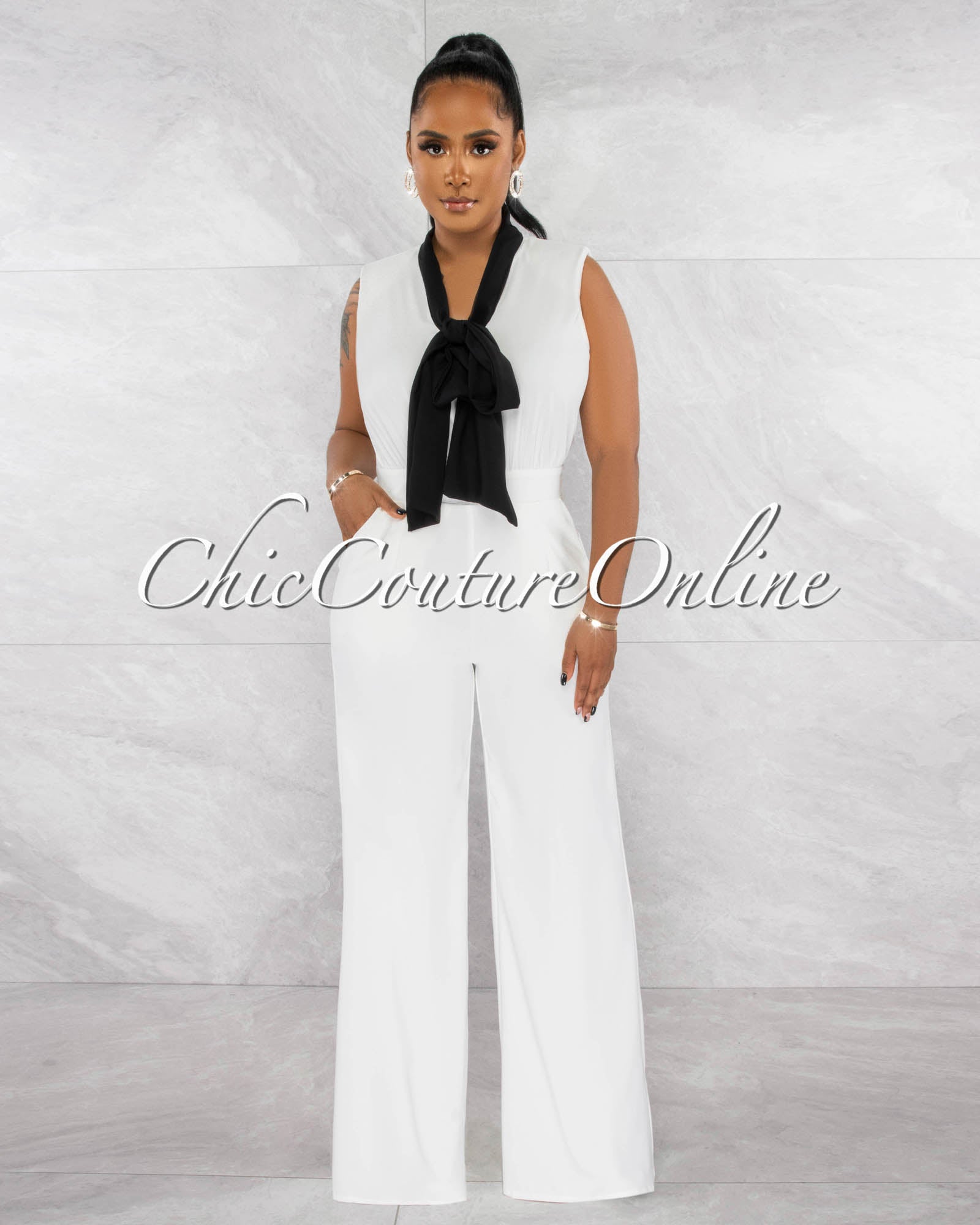 *Medusa Off-White Black Neck-Tie Wide Legs Jumpsuit