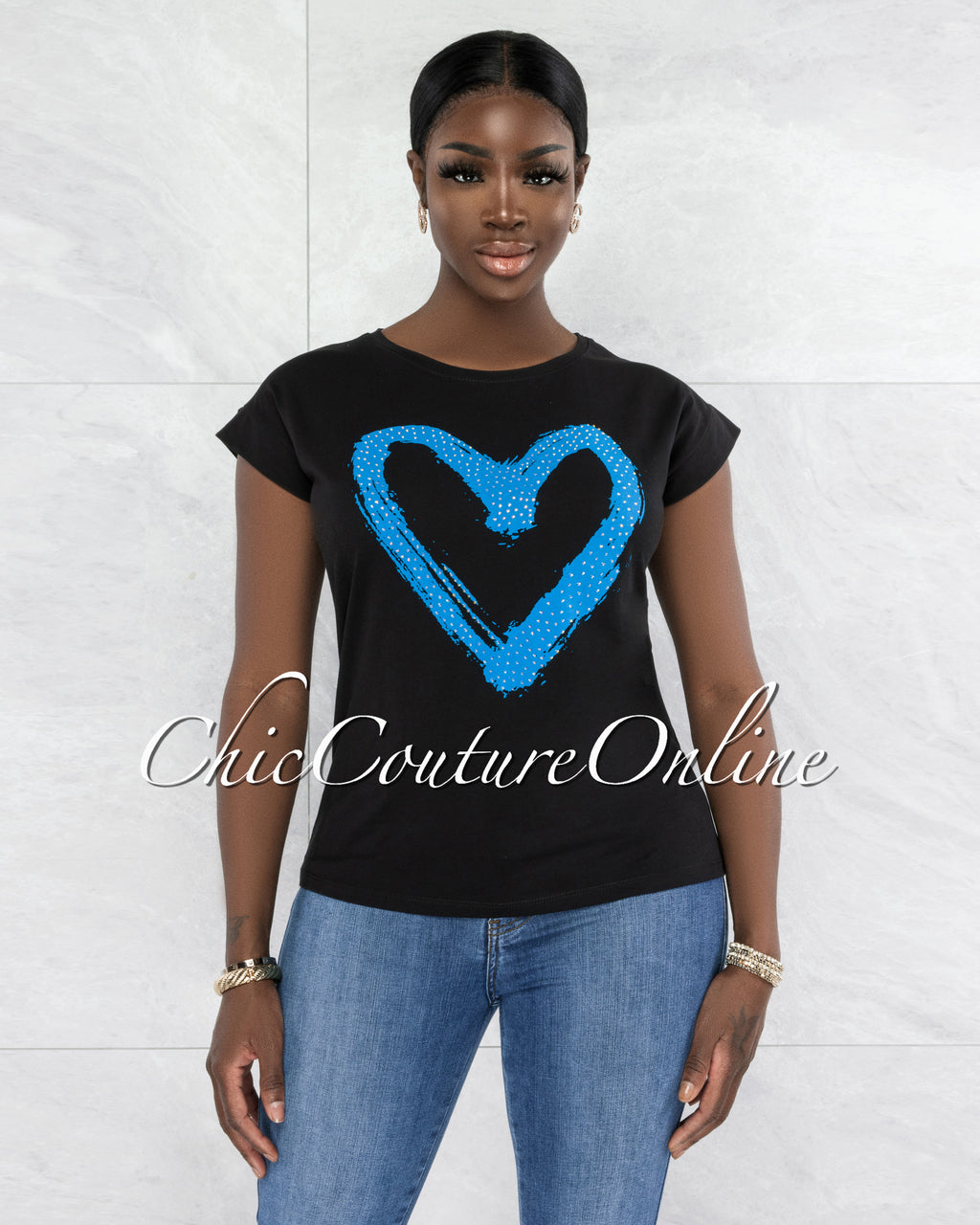 Farry Black Blue Front Graphic Rhinestones T-Shirt