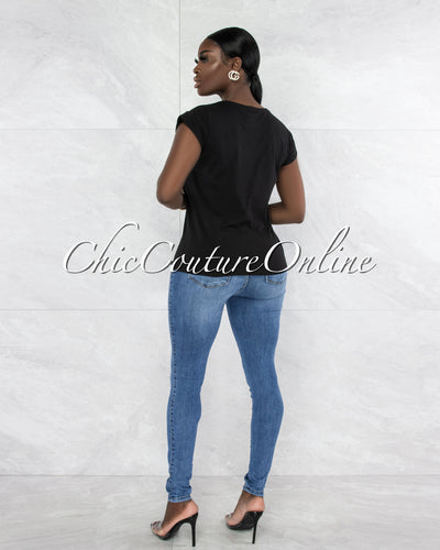 Farry Black Blue Front Graphic Rhinestones T-Shirt