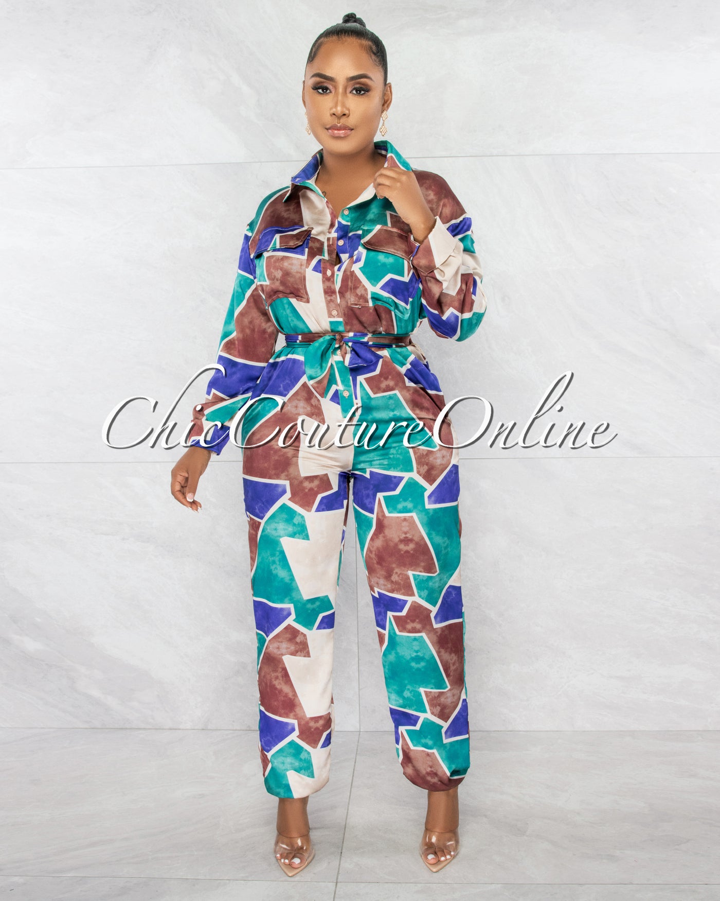 *Yalia Multi-Color Print Front Buttons Silky Jumpsuit