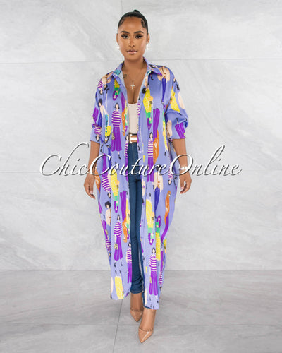 *Tanile Lilac Multi-Color Print Silky Maxi Shirt Duster Dress