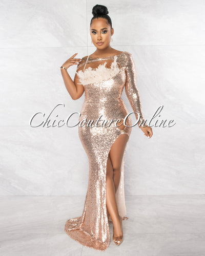 Ruben Nude Rose Gold Sequins Feather Bust Bodysuit Maxi Dress