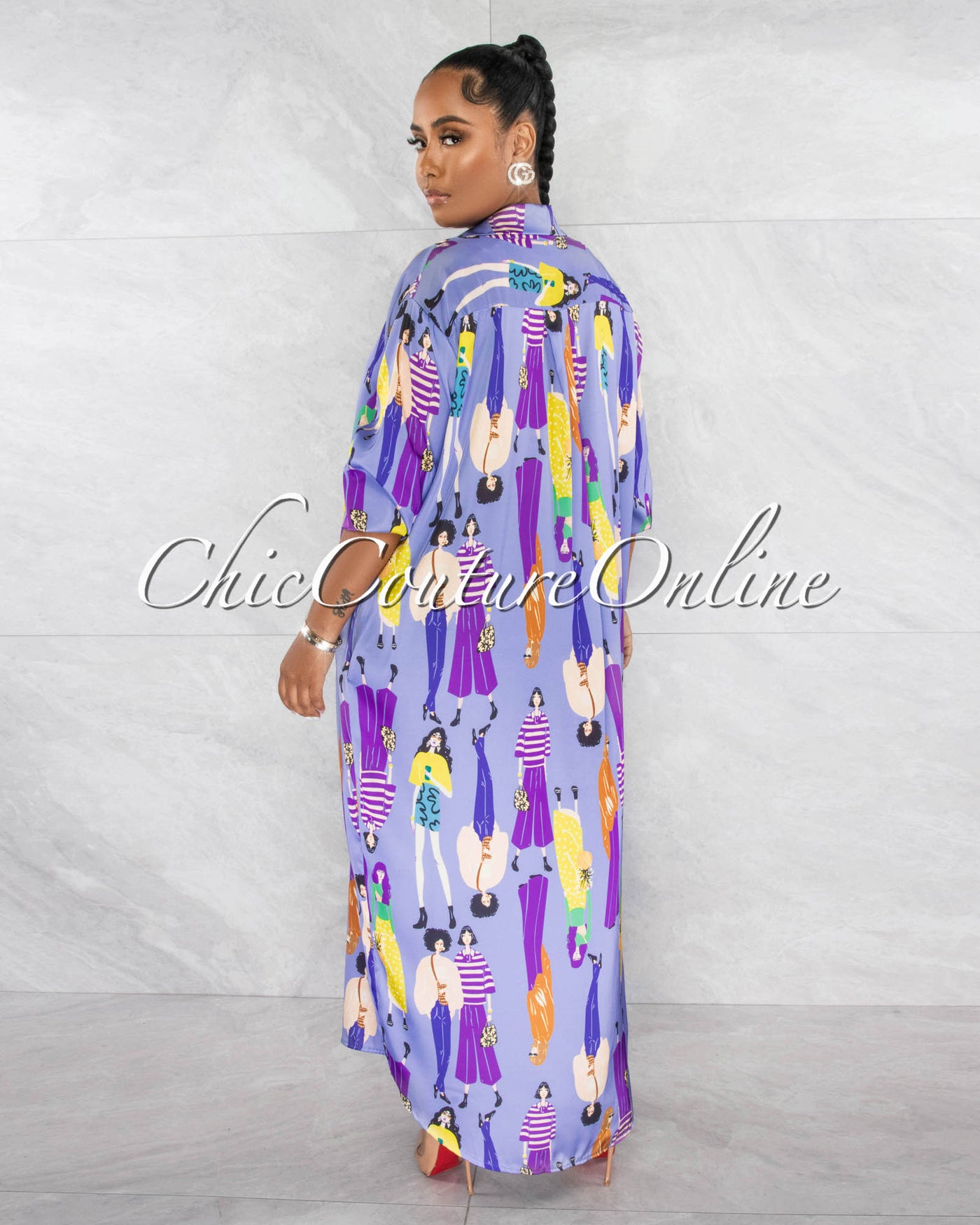 *Tanile Lilac Multi-Color Print Silky Maxi Shirt Duster Dress