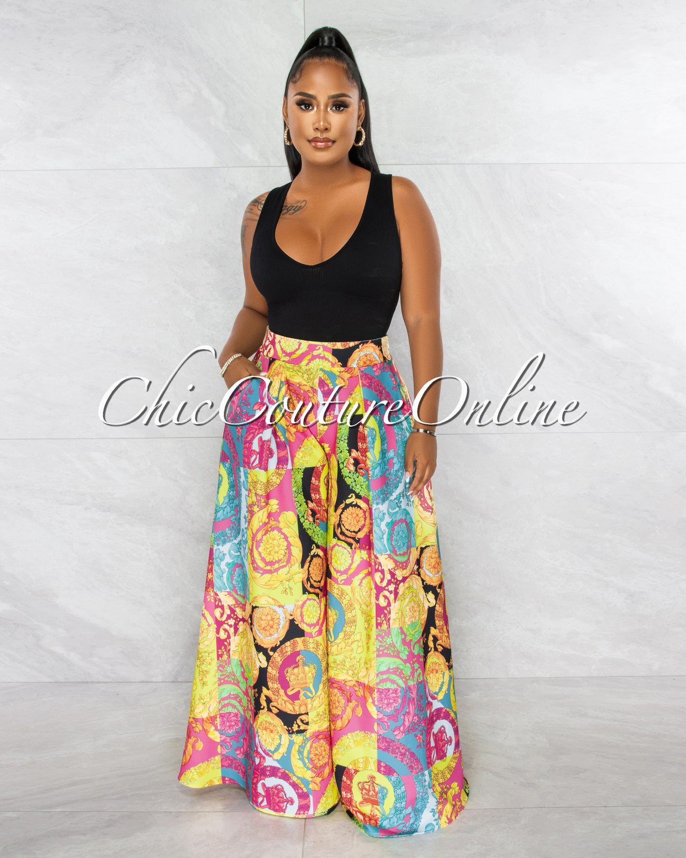 Gail Multi Color Print Pleated Wide Pants