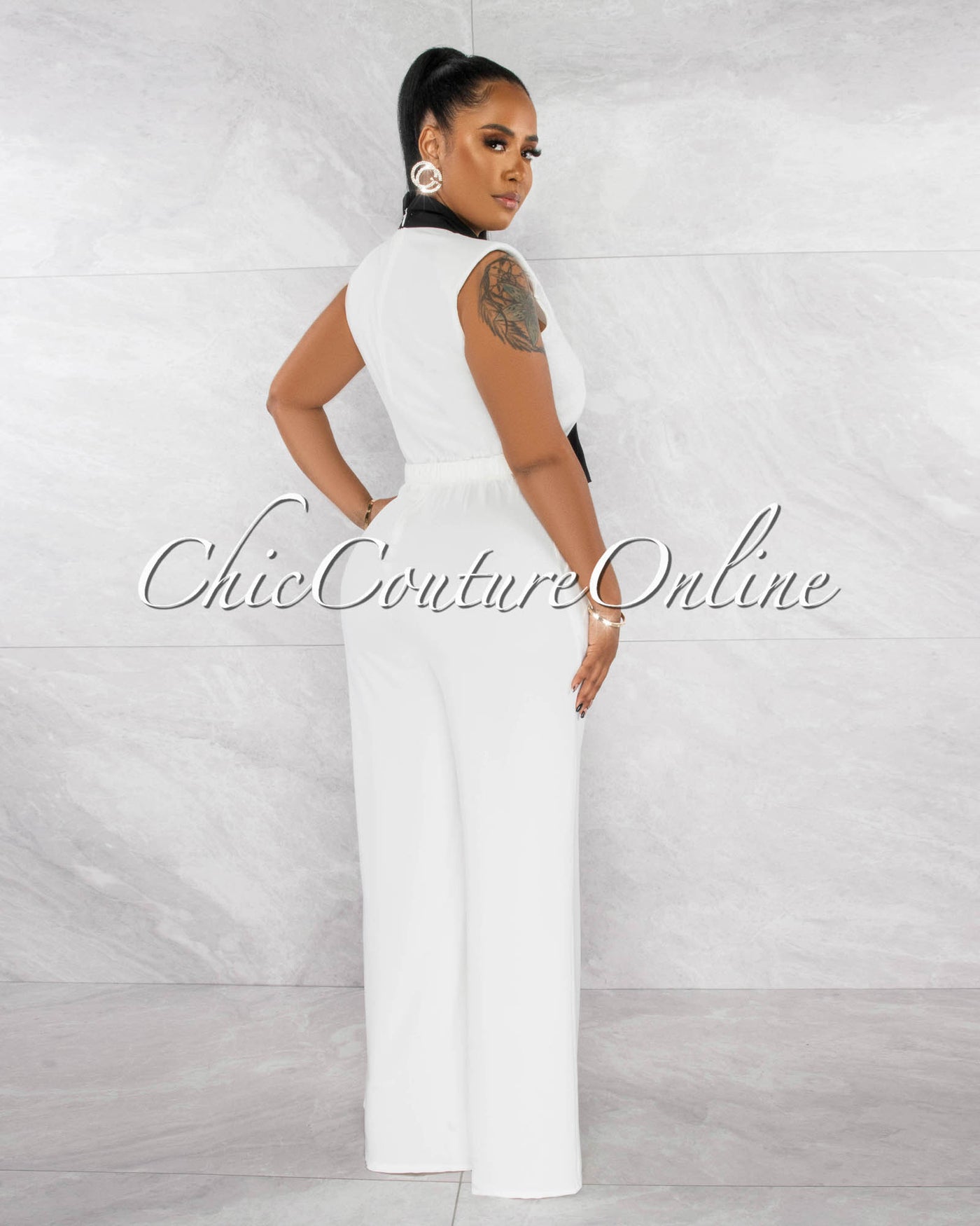 Medusa Off-White Black Neck-Tie Wide Legs Jumpsuit