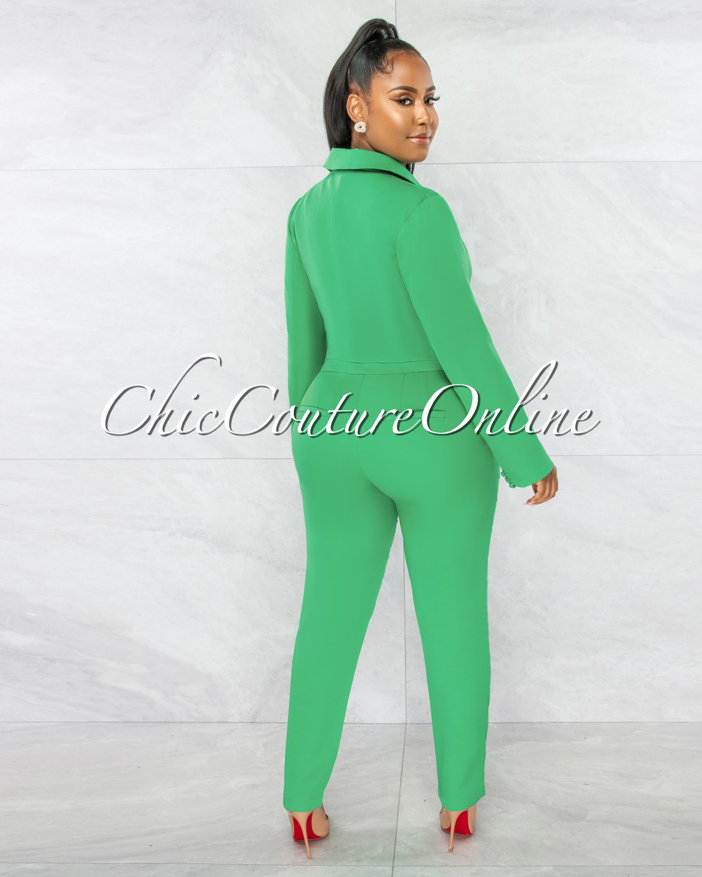 Dottie Green Crop Buttoned Blazer & Pants Set