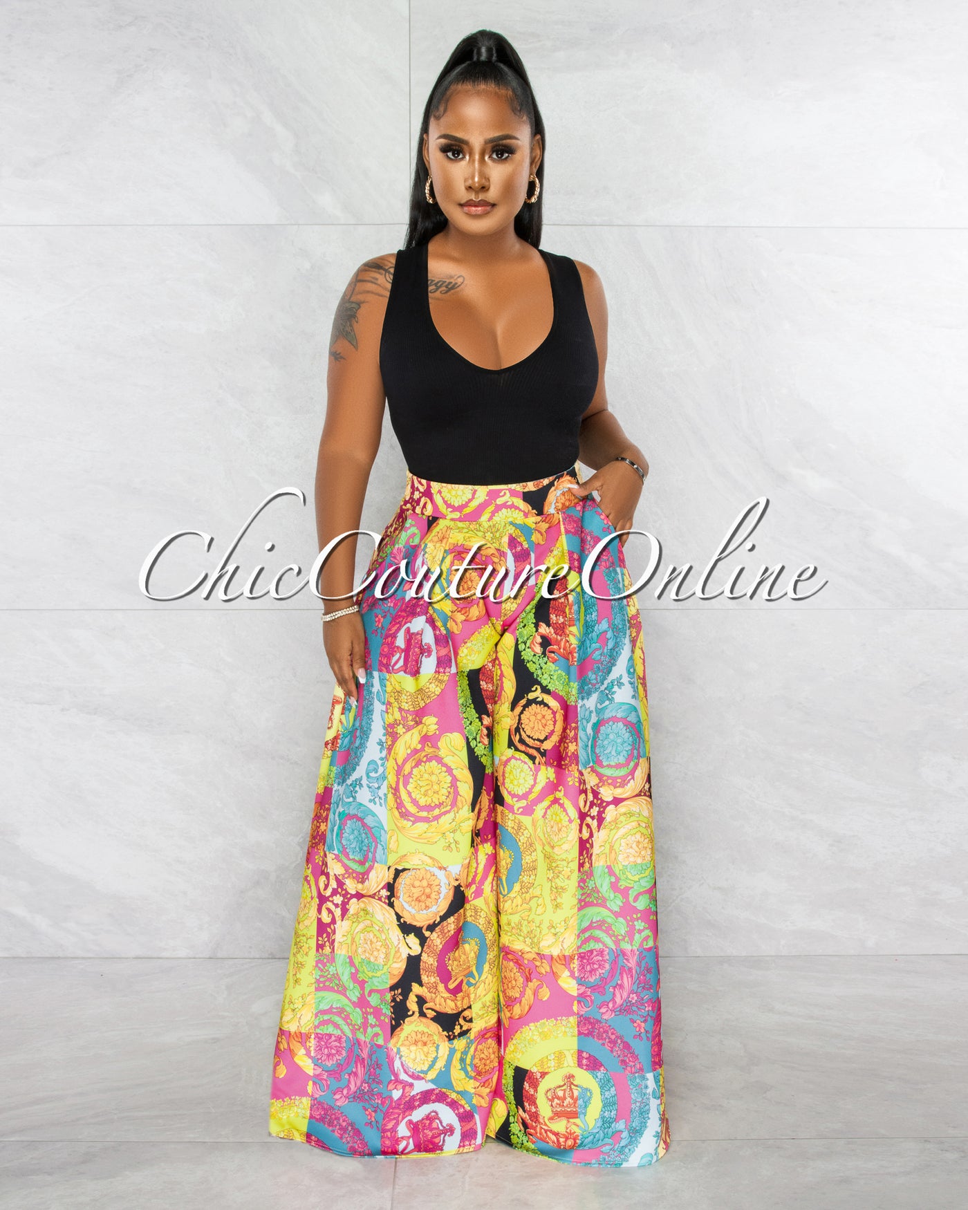 Gail Multi Color Print Pleated Wide Pants