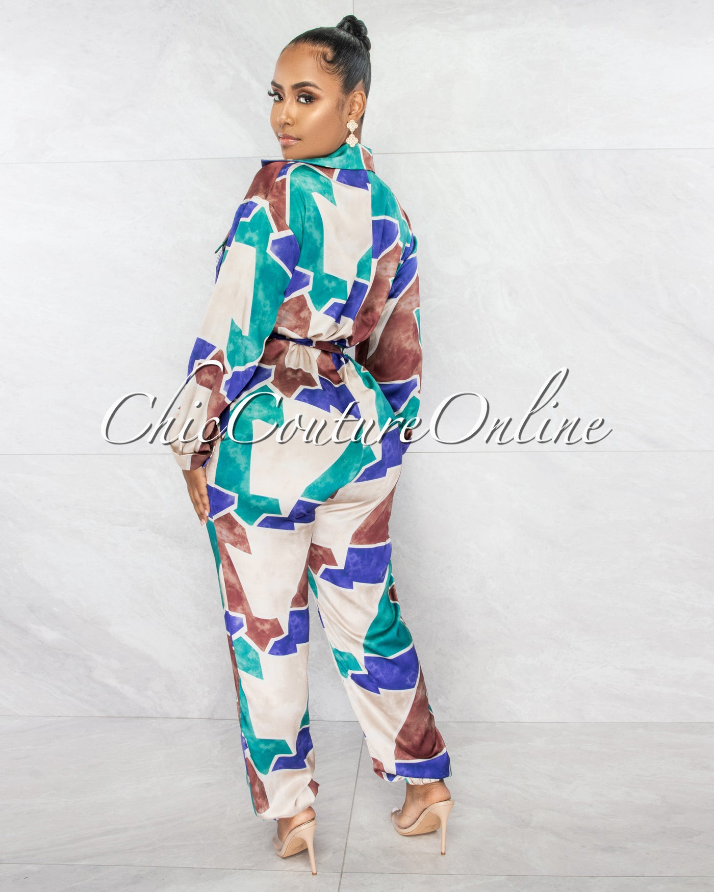 *Yalia Multi-Color Print Front Buttons Silky Jumpsuit
