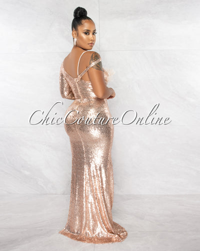 Ruben Nude Rose Gold Sequins Feather Bust Bodysuit Maxi Dress