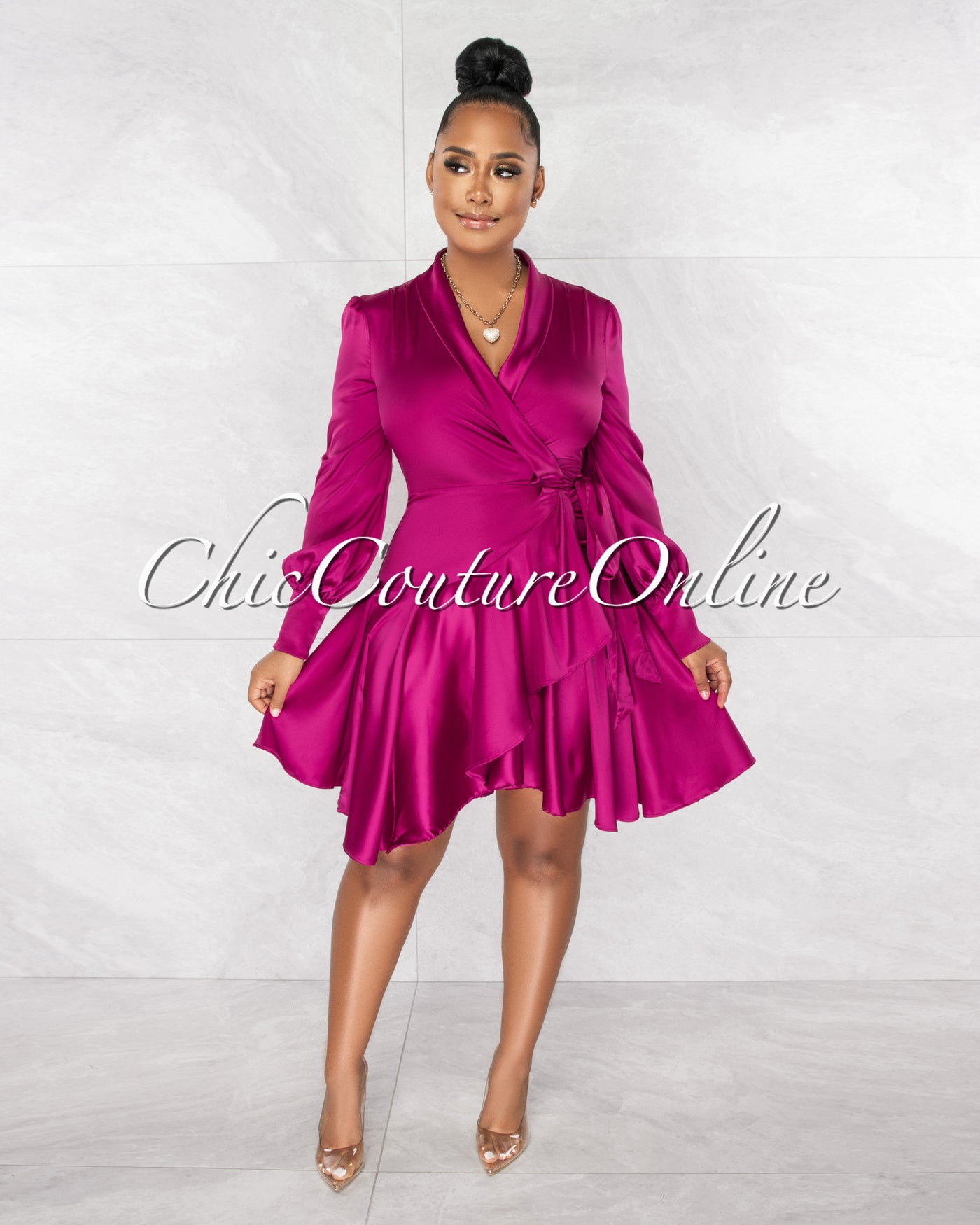 *Eloyda Magenta Wrap High Low Ruffle Dress