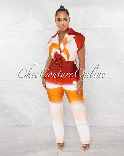 *Gabatha Nude Red Collared Belted Jumpsuit