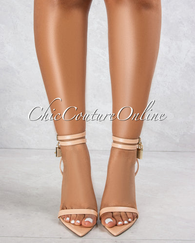 Banks Nude Gold Lock and Key Pointed Toe Heels