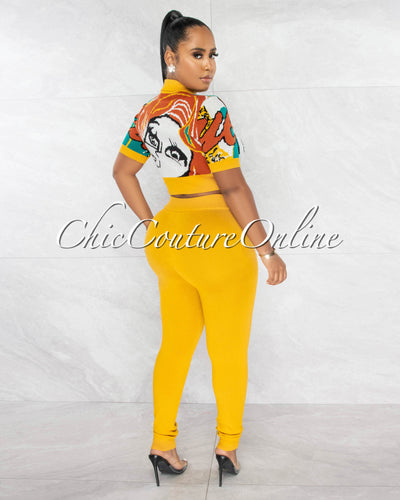 Campbell Mustard Multi-Color Print Crop Top & Leggings Knit Set