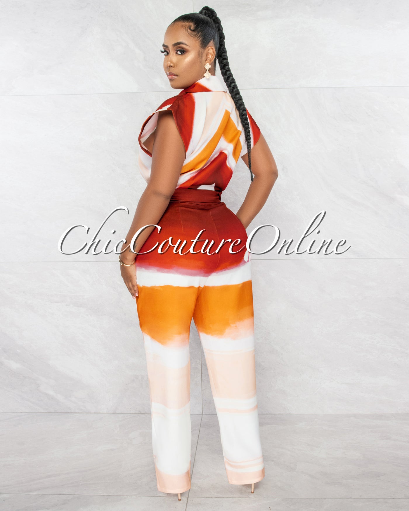 *Gabatha Nude Red Collared Belted Jumpsuit