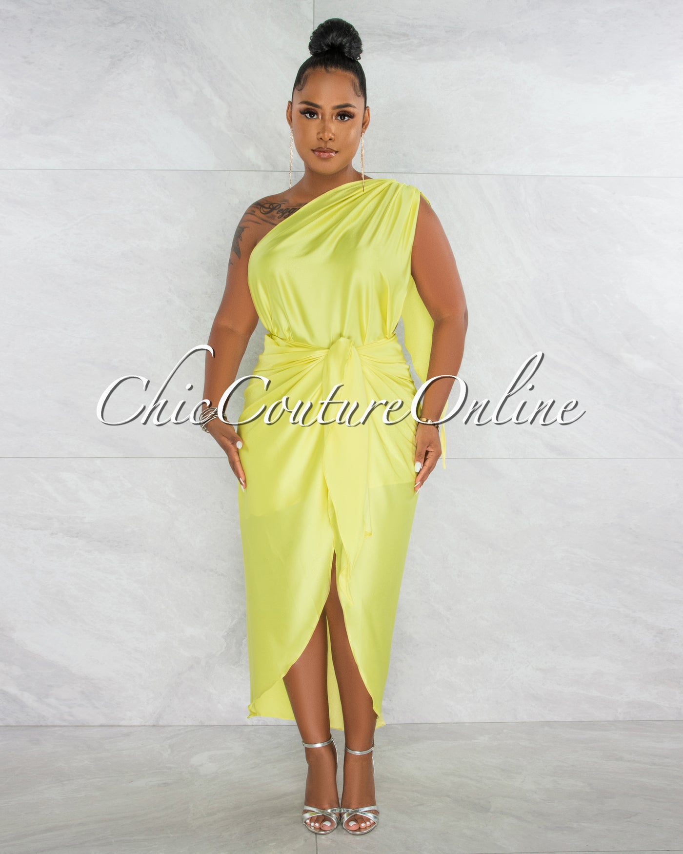 *Vorca Lime Single Shoulder Goddess Silky Dress