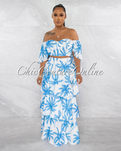 Nyala White Blue Plam Print Crop Top & Ruffle Maxi Skirt Set