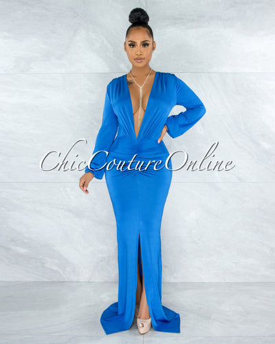Solada Royal-Blue V-Neck Long Sleeves Front Draped Maxi Dress