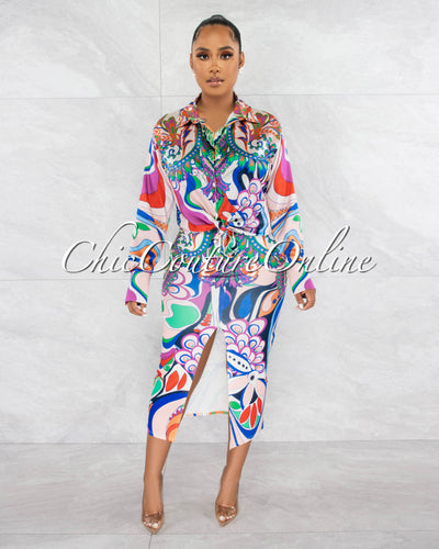 *Carmelia Multi-Color Print Silky Blouse & Midi Skirt Set