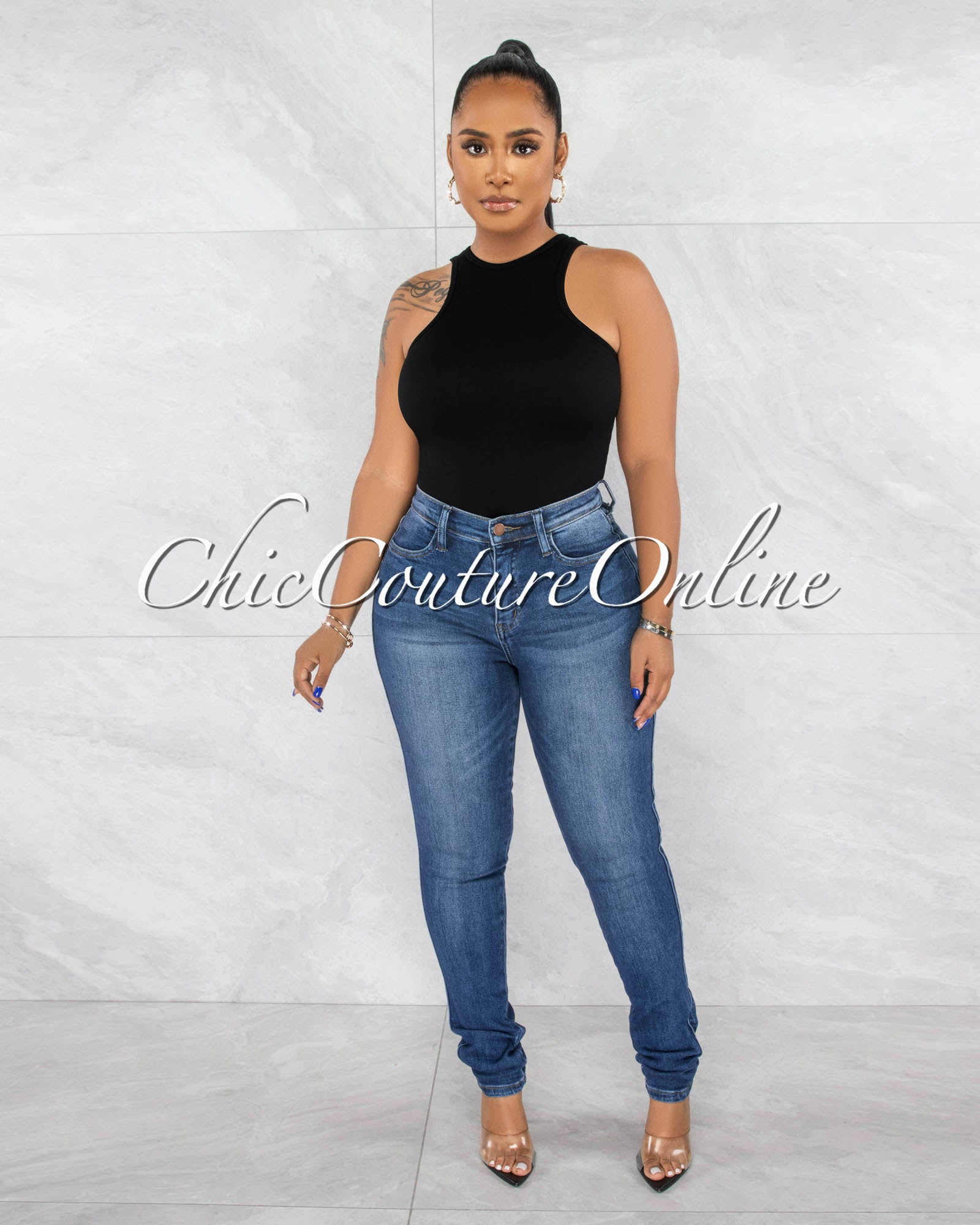 *Carlisle Dark Washed Denim Mid Waist Jeans