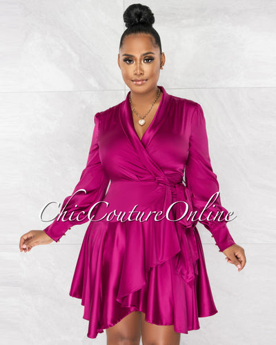 *Eloyda Magenta Wrap High Low Ruffle Dress