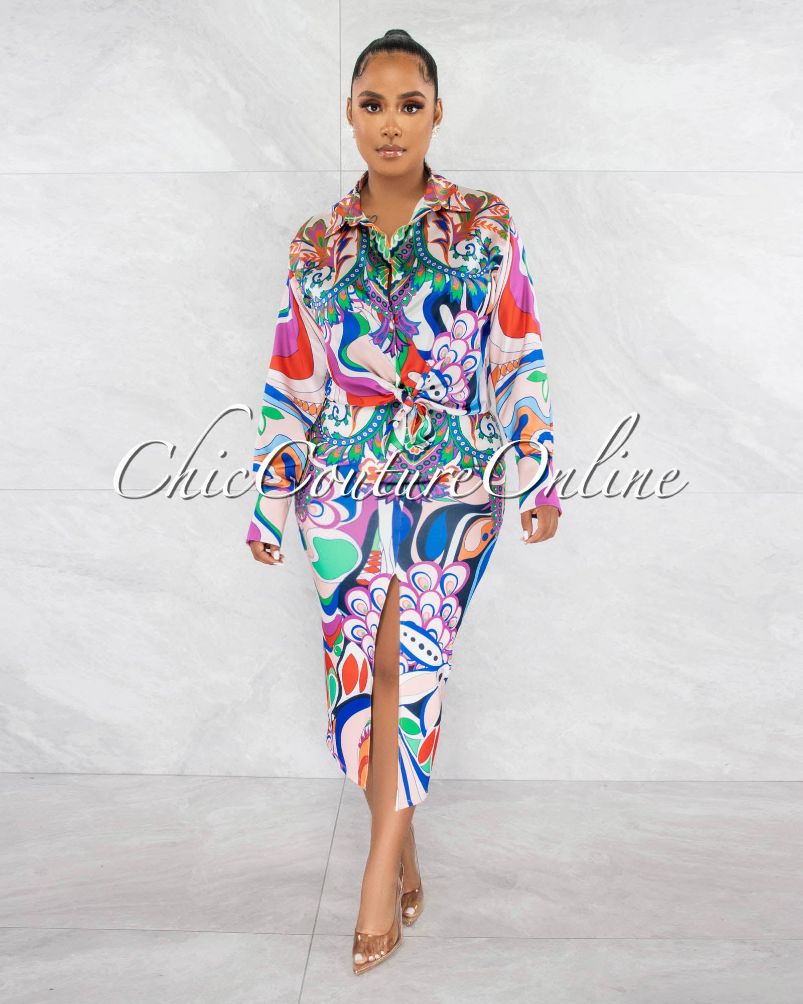 Carmelia Multi-Color Print Silky Blouse & Midi Skirt Set