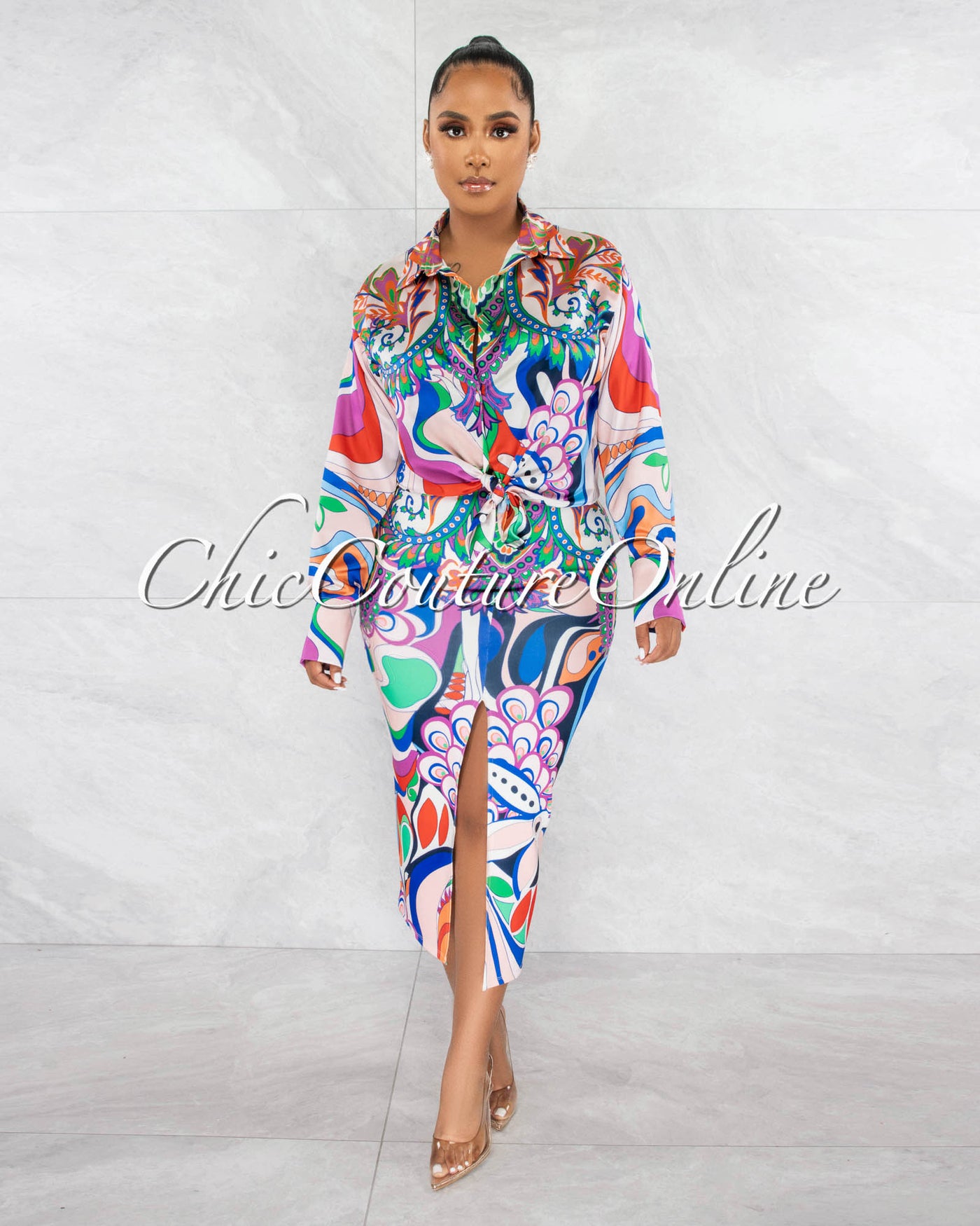 *Carmelia Multi-Color Print Silky Blouse & Midi Skirt Set