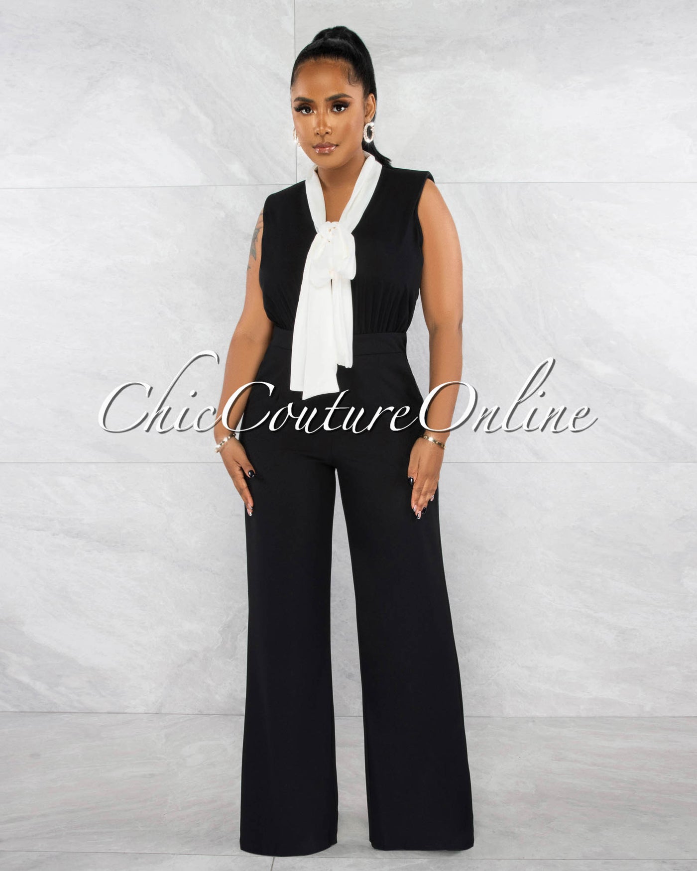 Medusa Black White Neck-Tie Wide Legs Jumpsuit