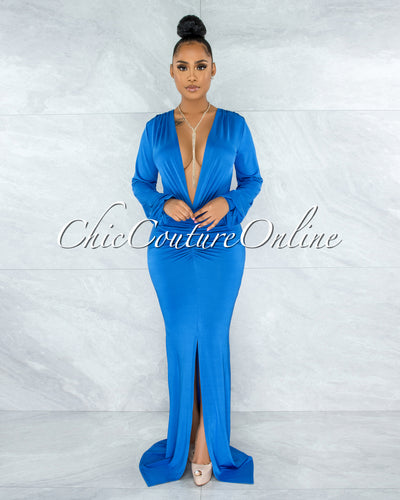 Solada Royal-Blue V-Neck Long Sleeves Front Draped Maxi Dress