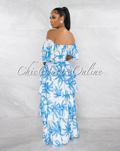 Nyala White Blue Plam Print Crop Top & Ruffle Maxi Skirt Set