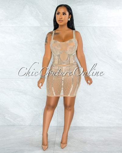 *Pelicia Nude Silver Rhinestones Mesh Bodysuit Dress