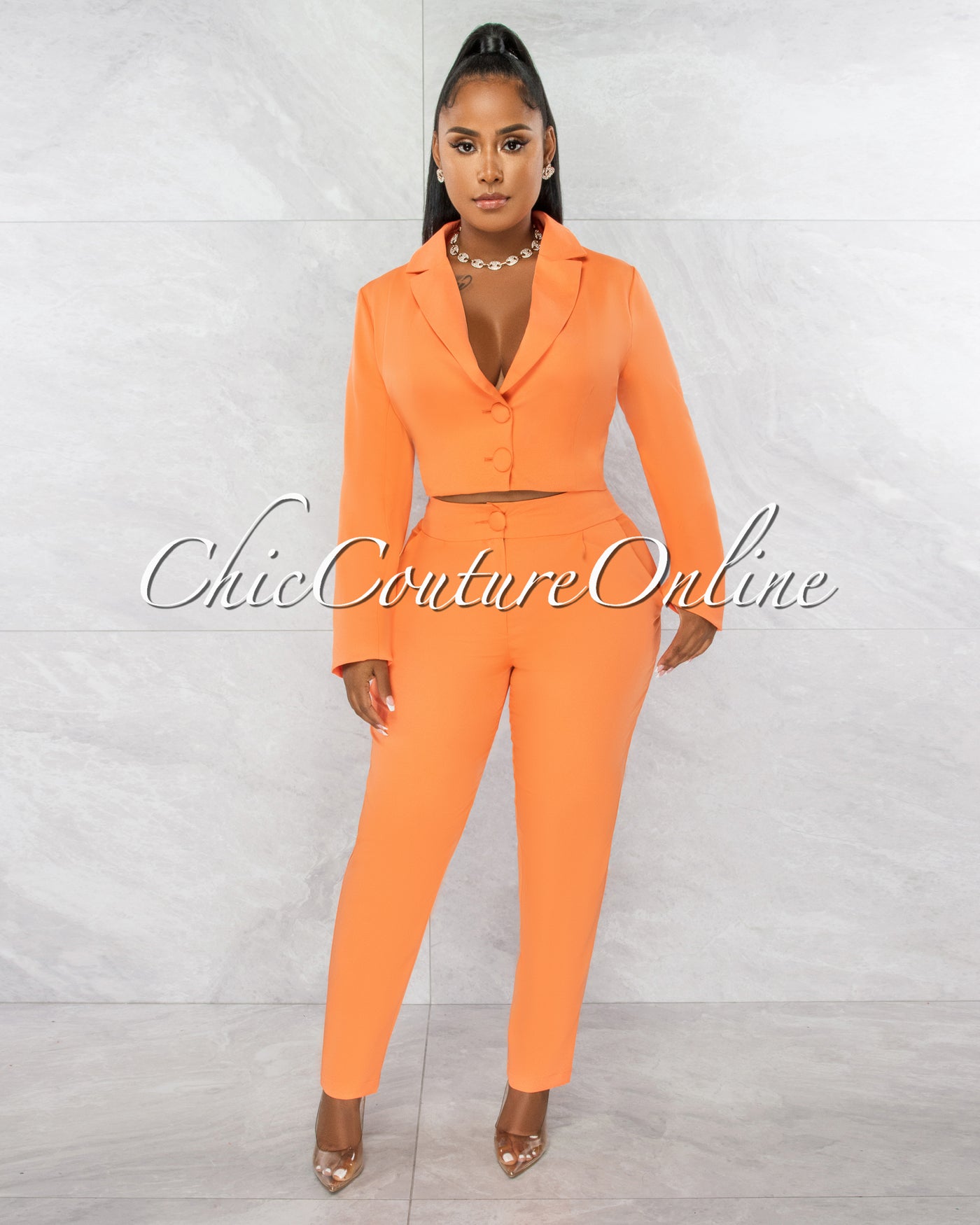 Dottie Orange Crop Buttoned Blazer & Pants Set