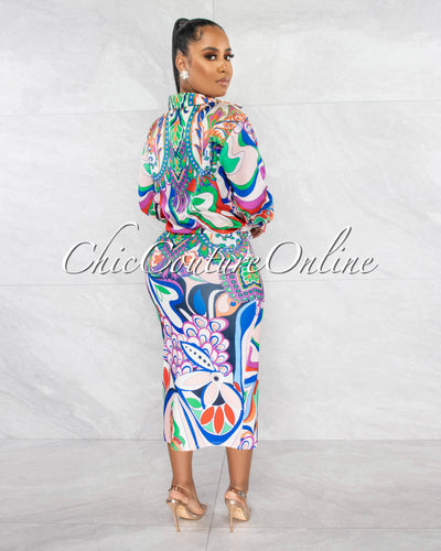 *Carmelia Multi-Color Print Silky Blouse & Midi Skirt Set