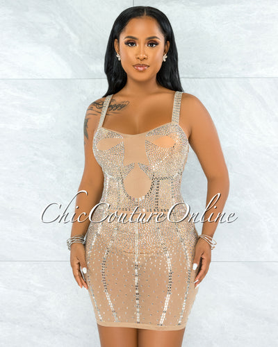 *Pelicia Nude Silver Rhinestones Mesh Bodysuit Dress