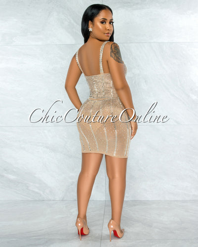 *Pelicia Nude Silver Rhinestones Mesh Bodysuit Dress