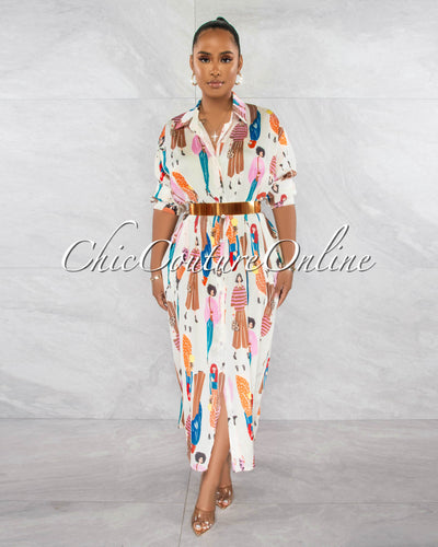 *Tanile Cream Multi-Color Print Silky Maxi Shirt Duster Dress