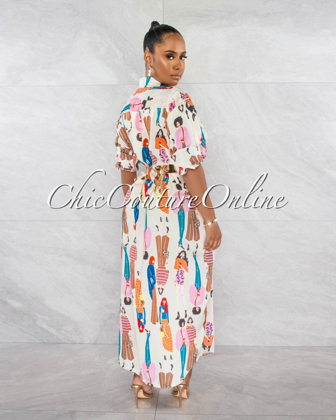 *Tanile Cream Multi-Color Print Silky Maxi Shirt Duster Dress