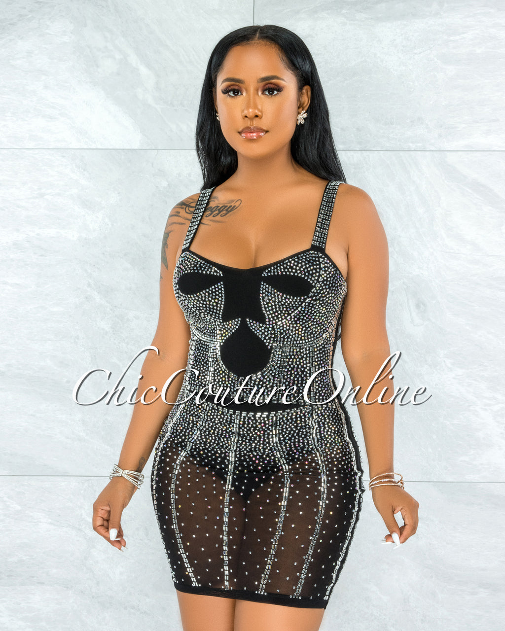 *Pelicia Black Silver Rhinestones Mesh Bodysuit Dress