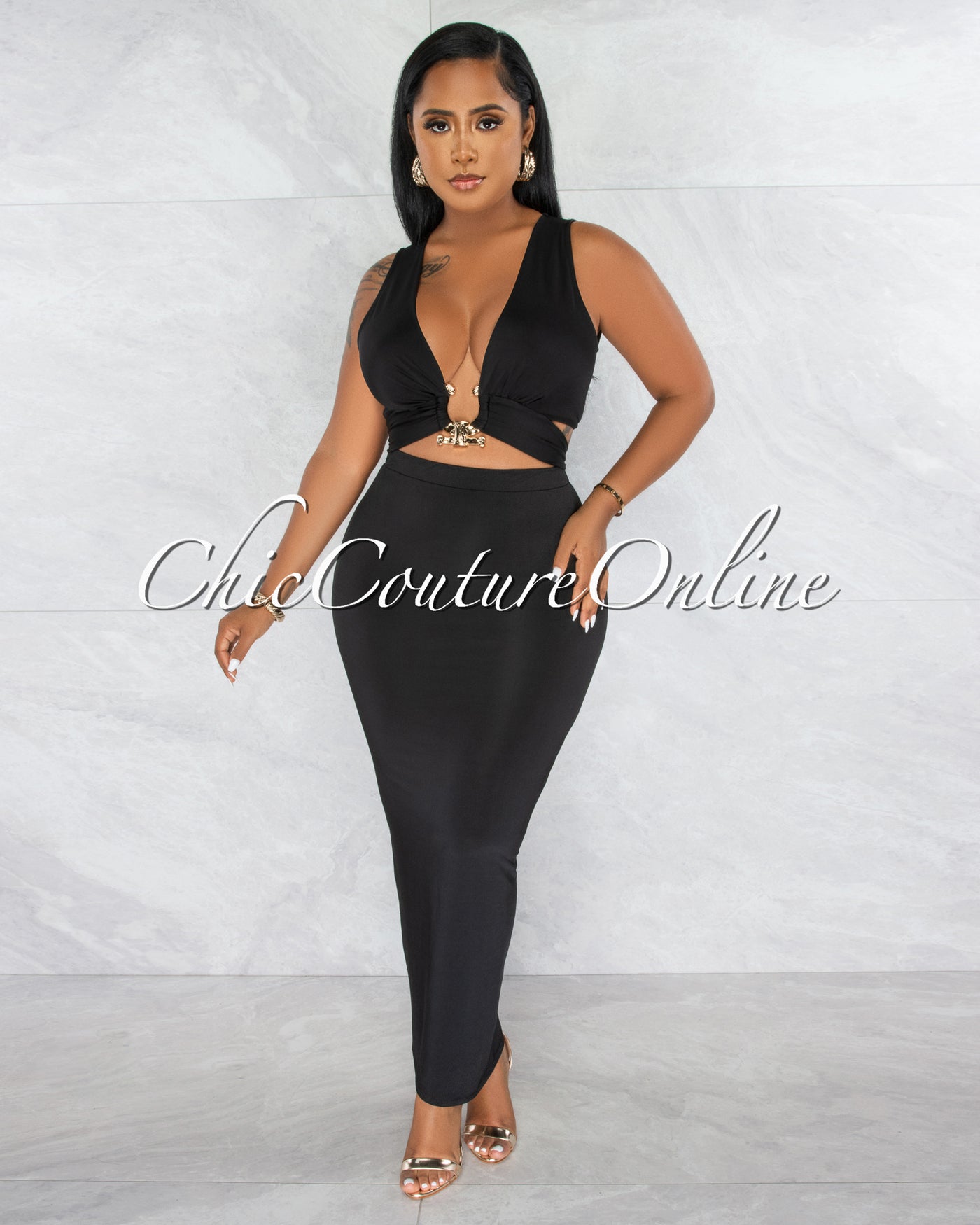 Samina Black Gold Accent Crop Top & Maxi Skirt Set