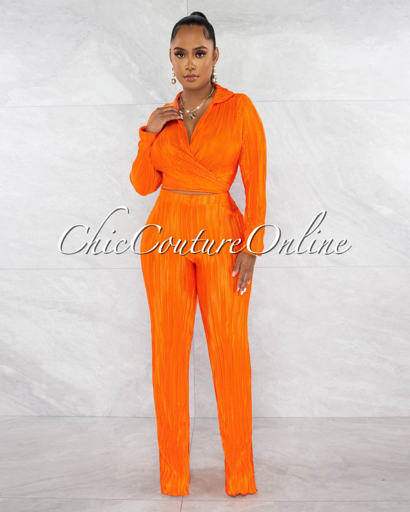 Rafael Orange Ribbed Crop Top & Wide Pants Set