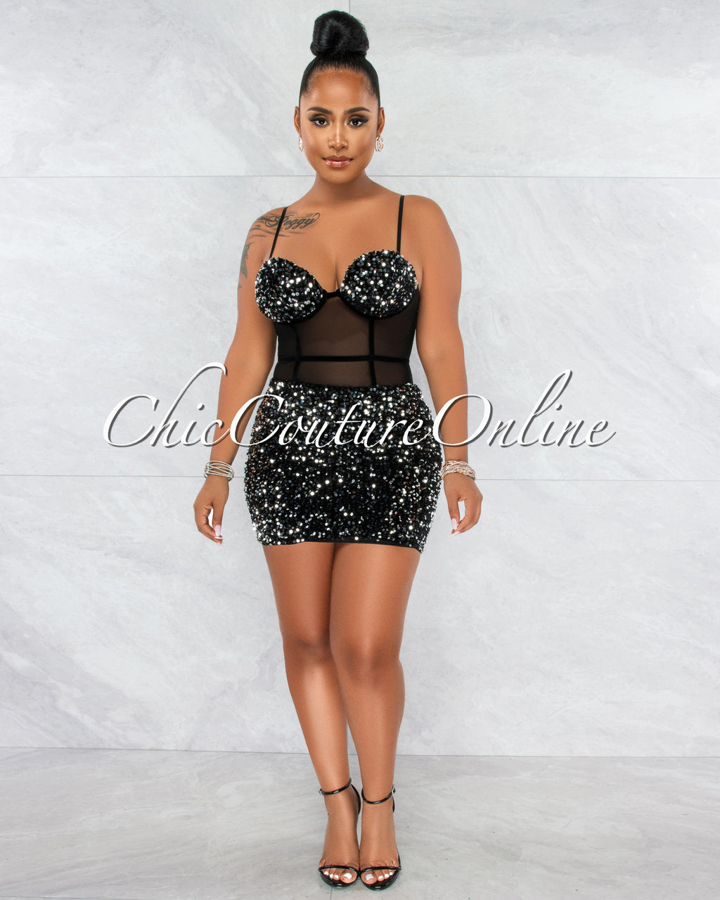 *Chalissa Silver Black Sequin Mini Dress