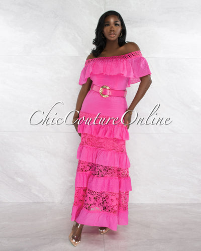 *Kristen Fuchsia Eyelet Ruffle Gold Belt Maxi Dress