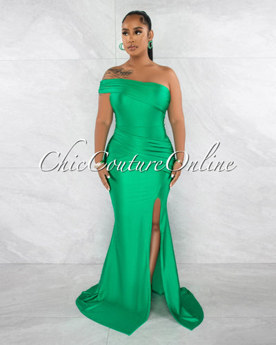 *Hender Kelly Green Drape Single Shoulder Side Slit Maxi Dress