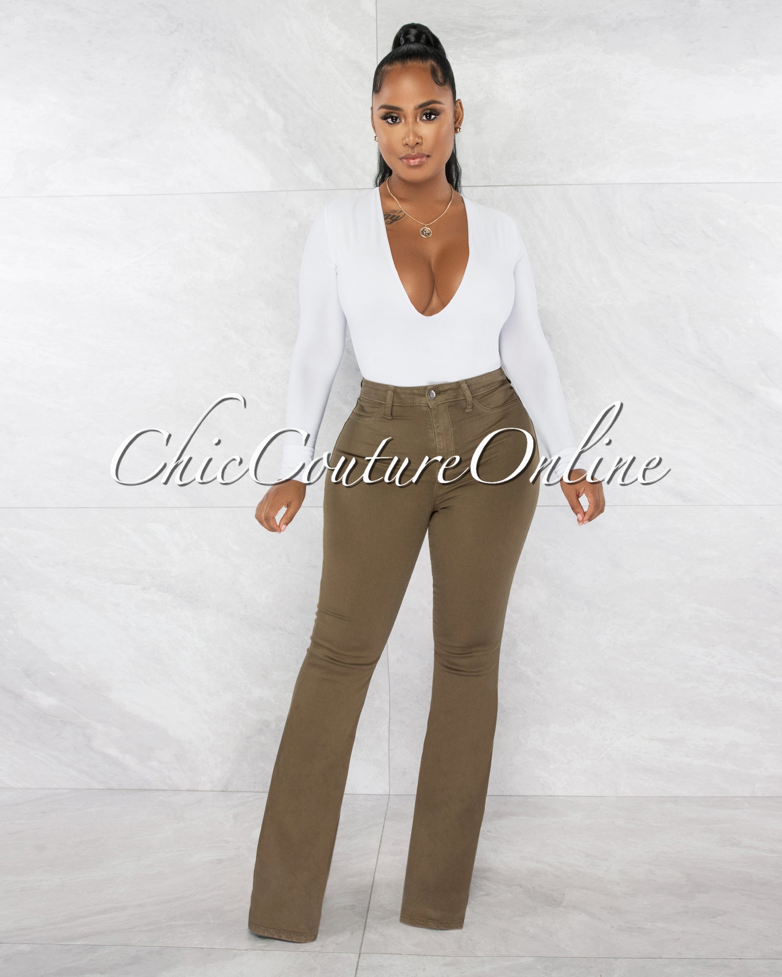 *Burnaby Olive Green Denim Bell Legs Jeans