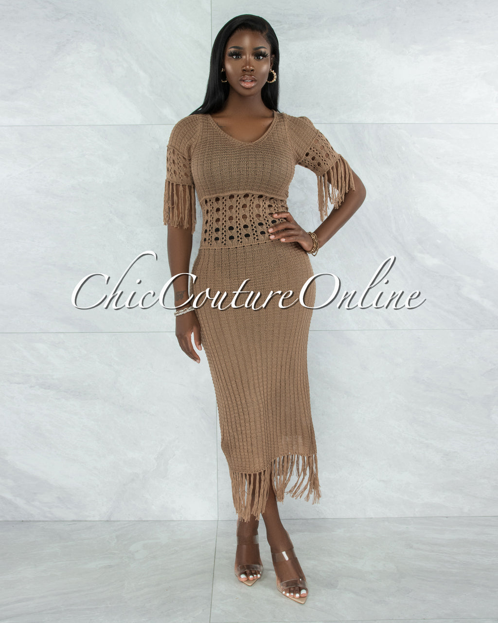 *Casina Mocha Crochet Cover-Up Fringe Maxi Dress