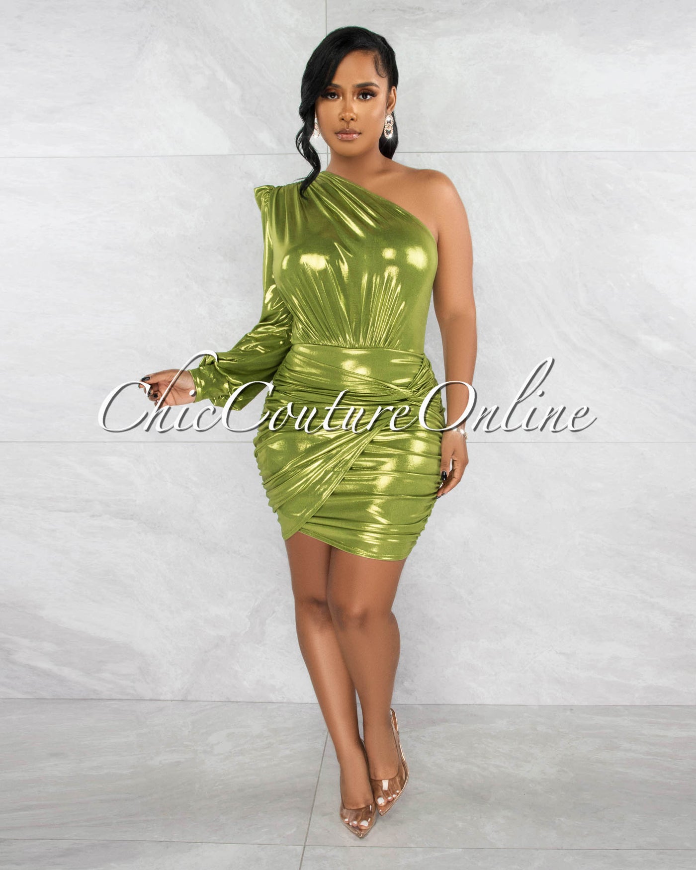 *Cornelia Green Metallic Single Padded Shoulder Draped Dress