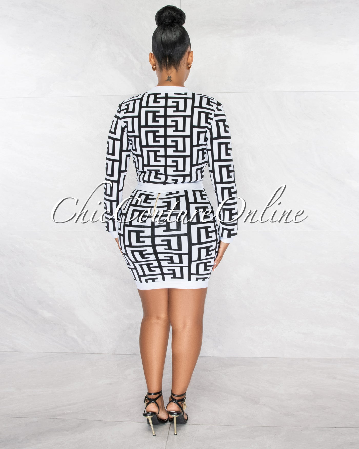 *Drummond Black White Fret Print Jacket - Crop Top & Skirt 3 Piece Set