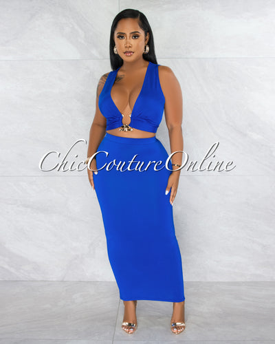 Samina Royal Blue Gold Accent Crop Top & Maxi Skirt Set